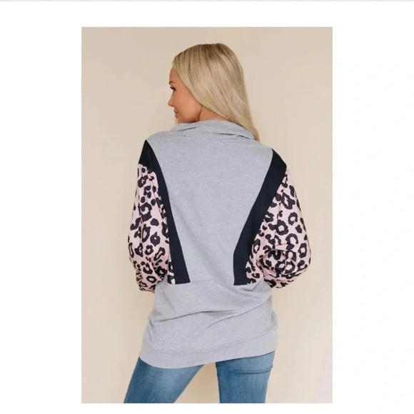 Leopard Gray & Black Quarter Zip Pullover with Pockets Relaxed Fit Size Large - Picture 2 of 11